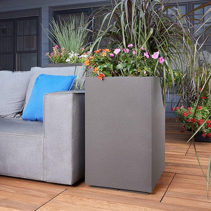 PolyStone Cozumel Tall Modern Outdoor/Indoor Column Planter, 18" L x 23" W x 30" H, Lightweight, Heavy Duty, Weather Resistant, Polymer Finish, Commercial Grade and Residentia (Slate Gray)