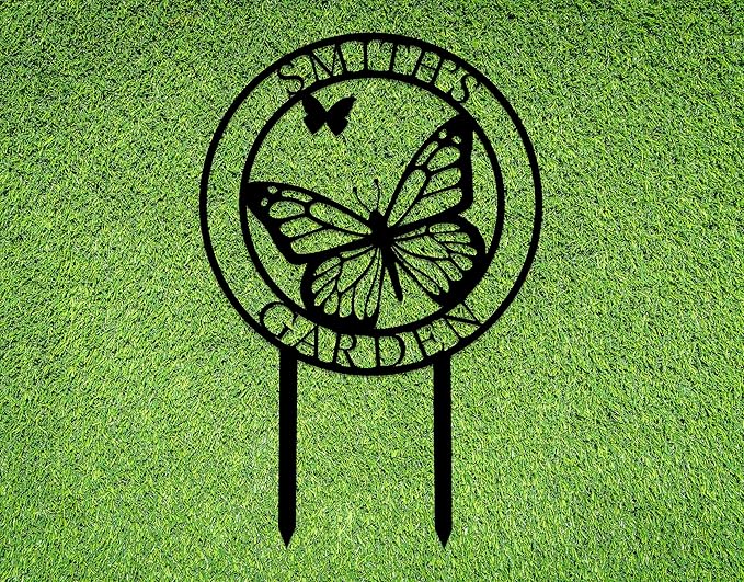 Custom Butterfly Metal Garden Sign with Stakes, Metal Yard Art, Personalized Butterfly Home Garden Decor, Garden Family Name Sign for Outdoor New Home Gift for Outside, Patio Decor, Housewarming Gift