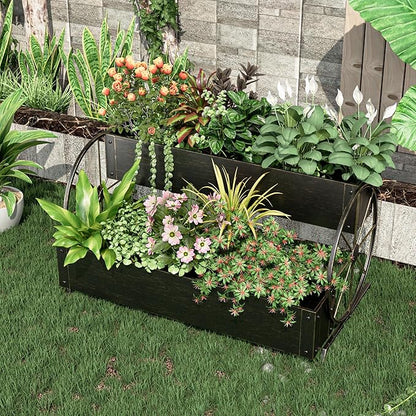 Metal Wagon Planter Box, 2-Tier Garden Planter with Wagon Wheels, Decorative Outdoor Planters for Flowers Herbs Vegetables, Flower Cart Small Raised Garden Bed for Patio, Balcony (Retro Gold)