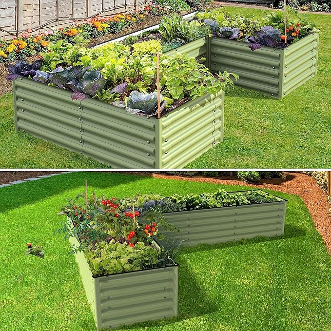 Olle 17" Tall 4 in 1 U Shape Rectangle Shapes L Shape Galvanized Raised Garden Beds Kit Outdoor for Gardening Metal Raised Planter Box for Vegetables Flowers, Sage Green
