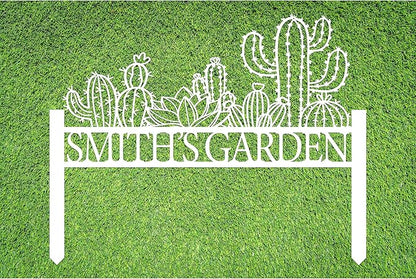 Personalized Cactus Metal Garden Sign, Large Garden Decoration Metal Sign with Stakes, Custom Gardener Family Name Sign, Cactus Decor for Outdoor, Patio Decorative, Yard Art, New Home Gift