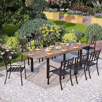 PHI VILLA 9 Piece Outdoor Dining Set for 8, Expandable Wood-Like Metal Dining Table & Wrought Iron Stackable Chairs, Large Dining Furniture for Patio, Deck, Backyard, Porch