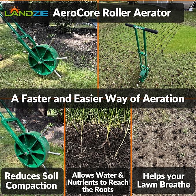 Landzie AeroCore Rolling Lawn Aerator – Manual Core Plug Aerator with Chamfered Hollow Tines – Heavy-Duty 38.8 Pound Wheel Aerator Lawn Tool – Push Yard Aerator Aeration Tool (Single)