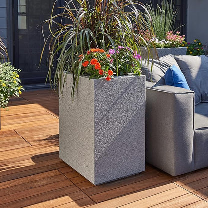 PolyStone Cozumel Tall Modern Outdoor/Indoor Column Planter, 18" L x 23" W x 30" H, Lightweight, Heavy Duty, Weather Resistant, Polymer Finish, Commercial Grade and Residentia (Gray Granite)