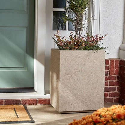 PolyStone Cozumel Tall Modern Outdoor/Indoor Column Planter, 23" L x 18" W x 30" H, Lightweight, Heavy Duty, Weather Resistant, Polymer Finish, Commercial Grade and Residentia (Sandstone Granite)