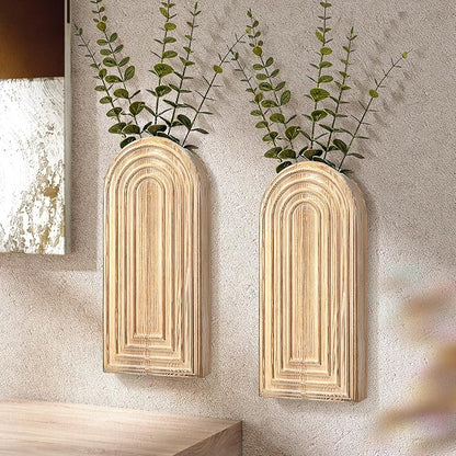 EOSAHR Pine Wood Set of 2 Wall Vases – Farmhouse Wall Decor for Bedroom, Living Room, Bathroom & Office – Hanging Planters for Indoor Plants with Best Boho Decor (Natural Wood)