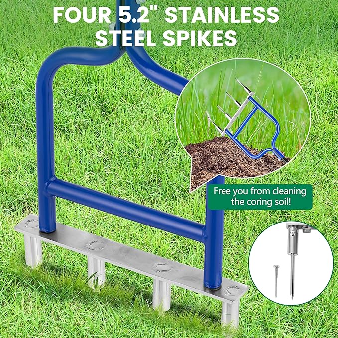 Spike Tine Fork Lawn Aerator - Four 5.2'' Stainless Steel Spikes Manual Gardening Hand Tool - Grass Dethatcher Aerator Lawn Tool with Solid Tines for Compacted Soil - Lawn Plugger Aerator.