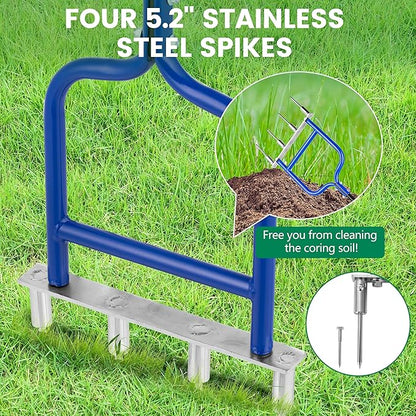 Spike Tine Fork Lawn Aerator - Four 5.2'' Stainless Steel Spikes Manual Gardening Hand Tool - Grass Dethatcher Aerator Lawn Tool with Solid Tines for Compacted Soil - Lawn Plugger Aerator.
