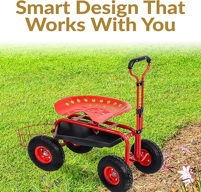 Sunnydaze Garden Cart with Wheels - Garden Stool on Wheels - Rolling Gardening Seat with Extendable Handle - Swivel Seat - Red