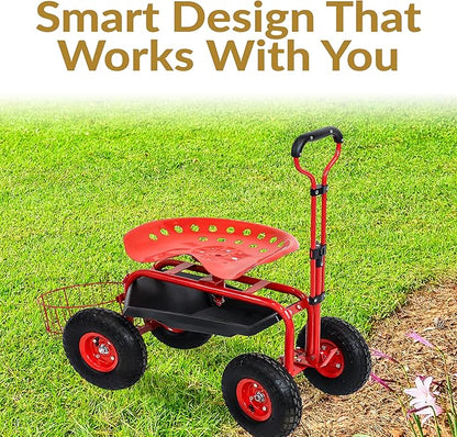Sunnydaze Garden Cart with Wheels - Garden Stool on Wheels - Rolling Gardening Seat with Extendable Handle - Swivel Seat - Red