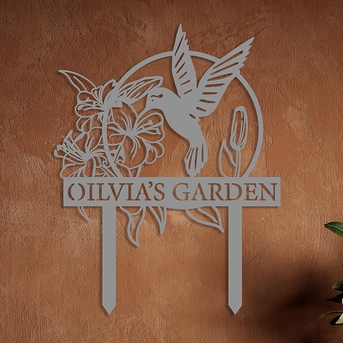 Custom Hummingbird Metal Garden Decor, Personalized Bird with Stakes Garden Sign, Flower Design Personalized Garden Sign, Custom Garden Name Sign, Home Gift, Large Outdoor Decor, Patio Decor