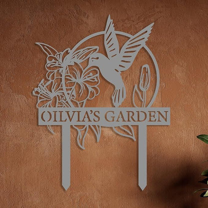 Custom Hummingbird Metal Garden Decor, Personalized Bird with Stakes Garden Sign, Flower Design Personalized Garden Sign, Custom Garden Name Sign, Home Gift, Large Outdoor Decor, Patio Decor